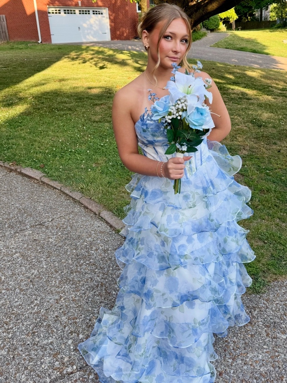 Strapless Blue Floral Ruffled Prom Dress